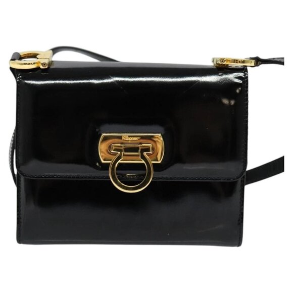 Salvatore Ferragamo Gancini Shoulder Bag Enamel Black Gold Auth - Picture 13 of 16